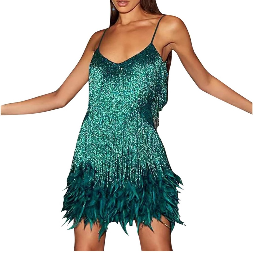 Sparkling Green Feathered Dress
